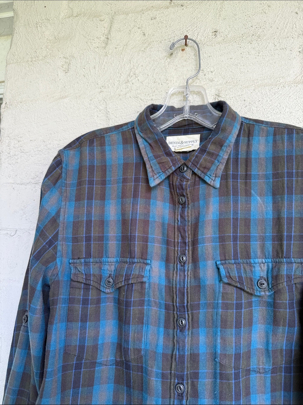 Denim & Supply x Ralph Lauren Blue/Brown Plaid Cotton Flannel Shirt Size Medium - Picture 5 of 11